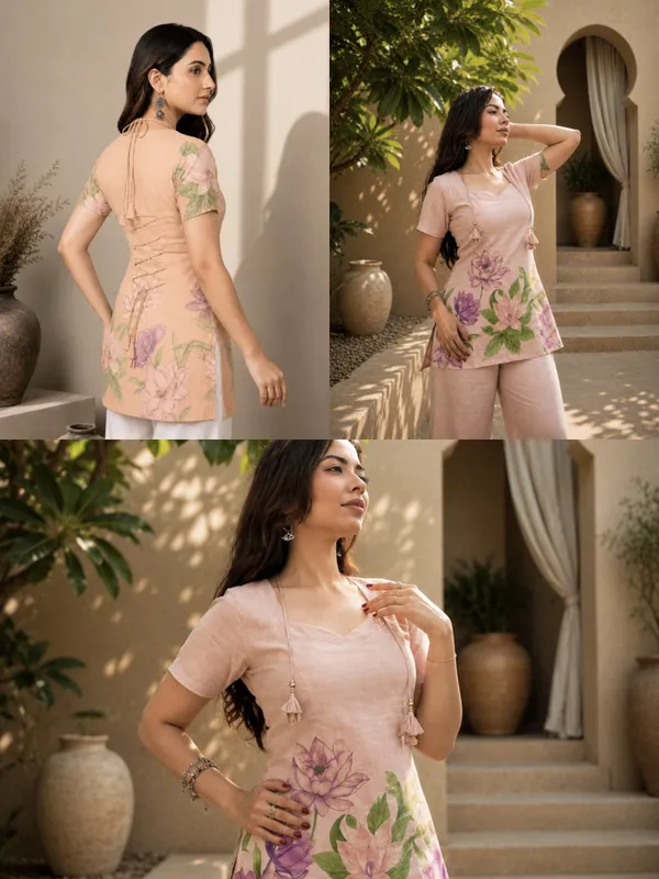 Peach_Floral_Discharge_Print_Cotton_Short_Kurti_For_Women
