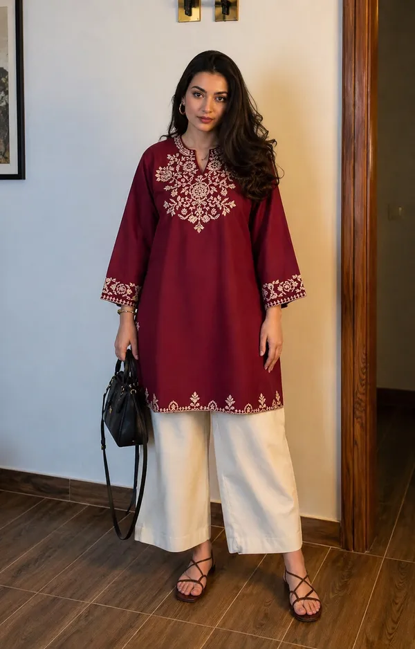 Maroon_Embroidered_Cotton_Straight_Kurta_Set_For_Women