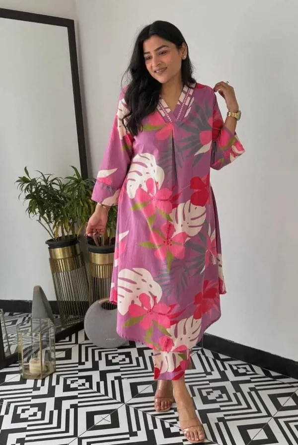 Purple_Cotton_A-Line_Printed_Kurta_Pant_Set_For_Women