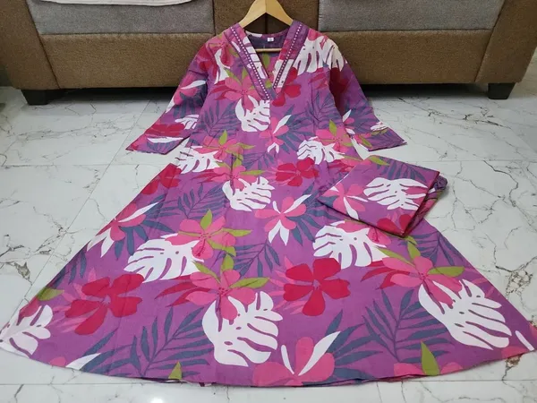 Purple_Cotton_A-Line_Printed_Kurta_Pant_Set_For_Women