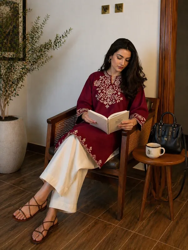 Maroon_Embroidered_Cotton_Straight_Kurta_Set_For_Women