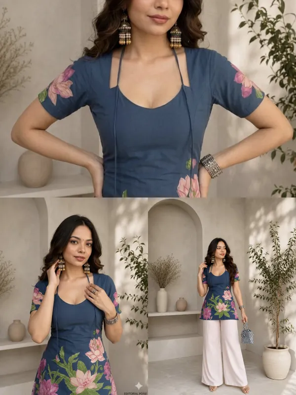 Blue_Floral_Discharge_Print_Cotton_Short_Sleeve_Kurti_For_Women