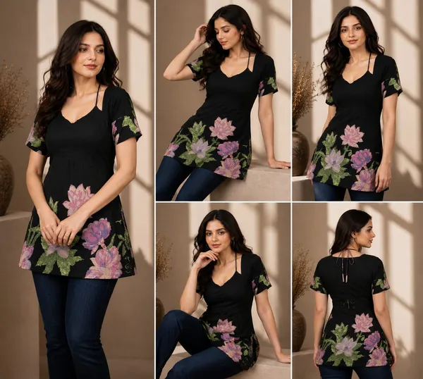 Black_Floral_Discharge_Print_Cotton_Short_Sleeve_Kurti_For_Women