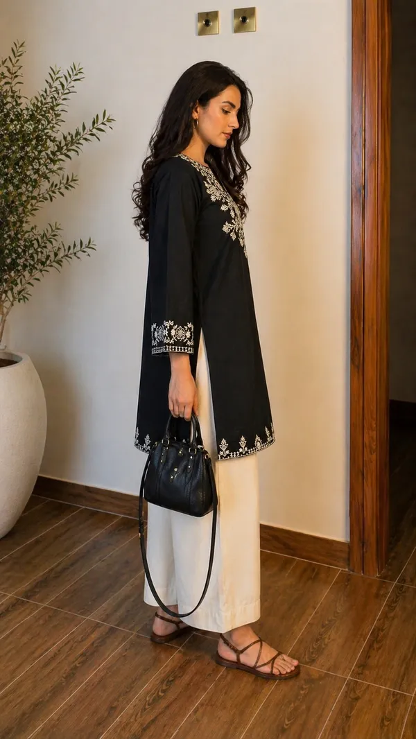 Black_Embroidered_Cotton_Straight_Kurta_White_Pant_Set_For_Women
