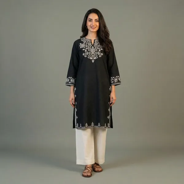 Black_Embroidered_Cotton_Straight_Kurta_White_Pant_Set_For_Women