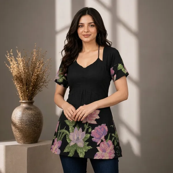 Black_Floral_Discharge_Print_Cotton_Short_Sleeve_Kurti_For_Women