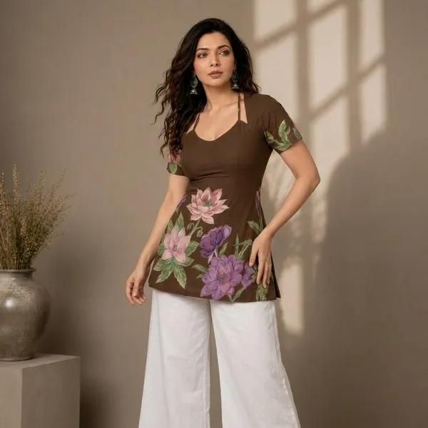 Brown_Floral_Discharge_Print_Cotton_Peplum_Kurti_For_Women
