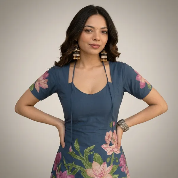 Blue_Floral_Discharge_Print_Cotton_Short_Sleeve_Kurti_For_Women