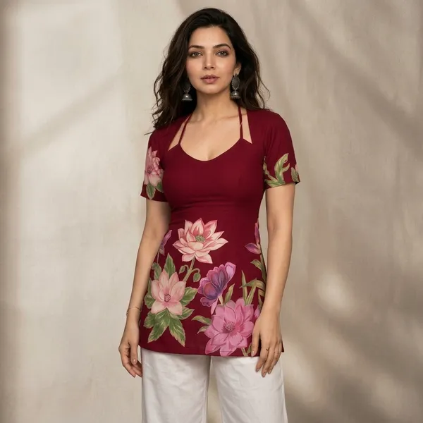 Maroon_Floral_Discharge_Print_Cotton_Cold_Shoulder_Kurti_For_Women