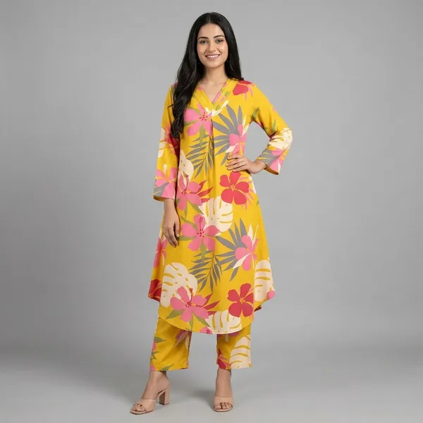 Yellow_Cotton_A-Line_Printed_Kurta_Pant_Set_For_Women