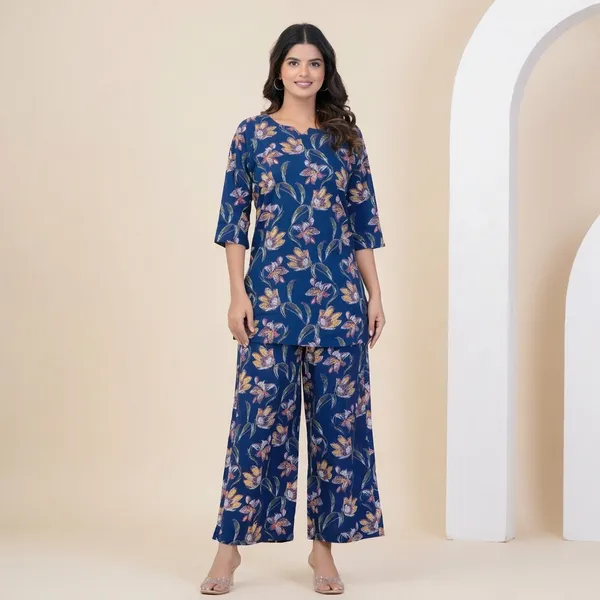 Blue_Pure_Cotton_Floral_Print_Kurta_Palazzo_Co-Ord_Set_For_Women