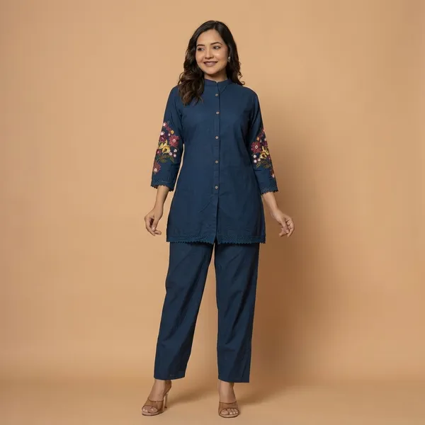 Navy_Blue_Cotton_Mandarin_Collar_Top_Pant_Co-Ord_Set_For_Women