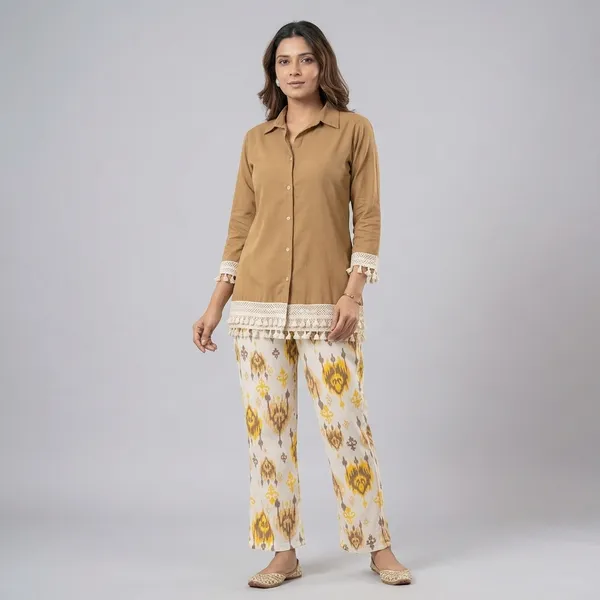 Brown_Cotton_Flex_Printed_Shirt_Pant_Co-Ord_Set_For_Women
