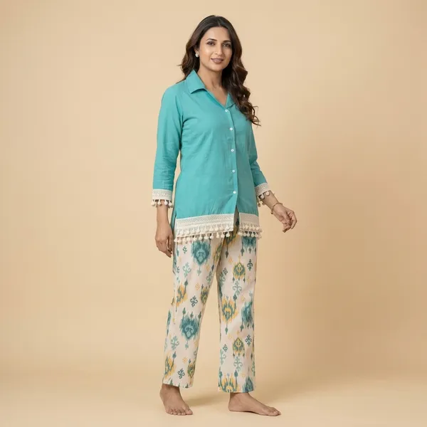 Blue_Cotton_Flex_Printed_Shirt_Pant_Co-Ord_Set_For_Women