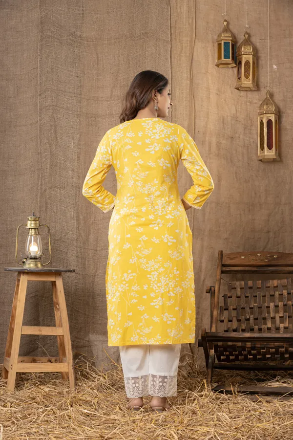 Yellow_Floral_Print_Cotton_Straight_Kurta_Set_For_Women