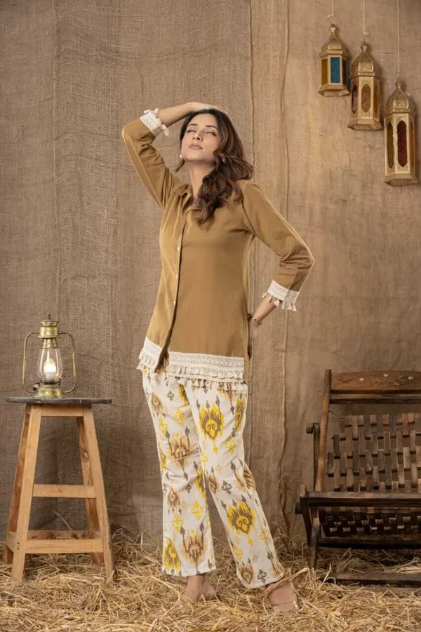 Brown_Cotton_Flex_Printed_Shirt_Pant_Co-Ord_Set_For_Women