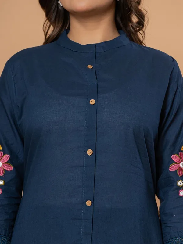 Navy_Blue_Cotton_Mandarin_Collar_Top_Pant_Co-Ord_Set_For_Women