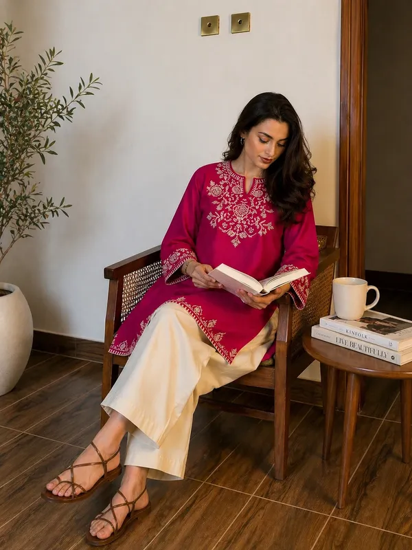 Pink_Embroidered_Cotton_Kurta_White_Palazzo_Set_For_Women
