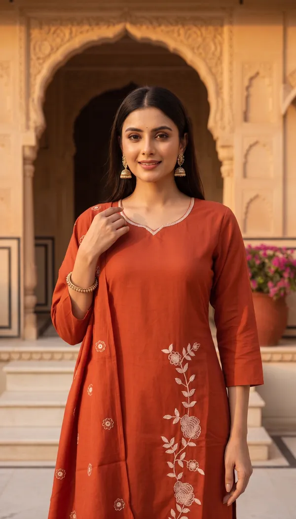 Rust_Orange_Roman_Silk_Premium_Kurta_Set_With_Dupatta_For_Women
