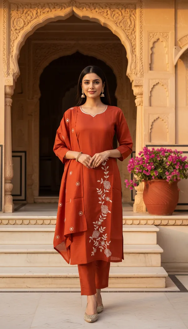 Rust_Orange_Roman_Silk_Premium_Kurta_Set_With_Dupatta_For_Women