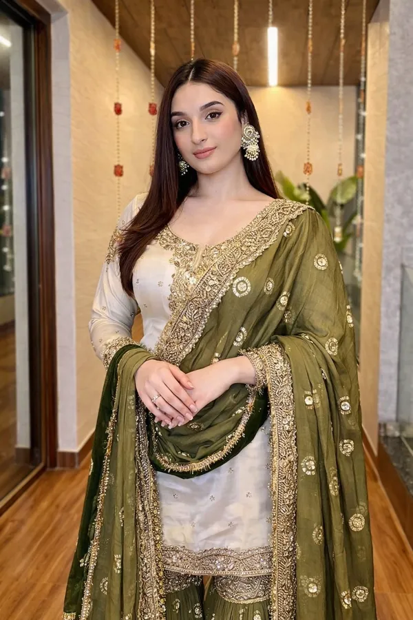 Cream_And_Olive_Green_Chinon_Premium_Sharara_Suit_For_Women