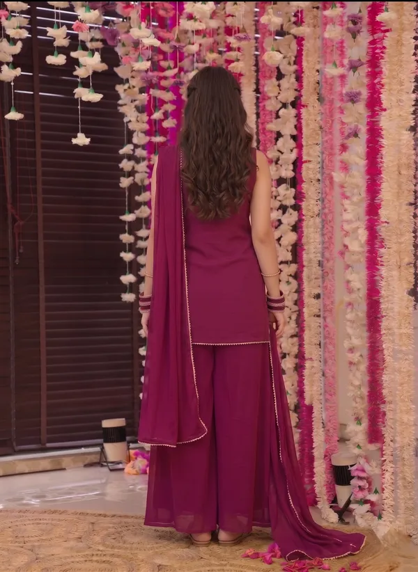 Magenta_Georgette_Premium_Kurta_Palazzo_Dupatta_Set_For_Women