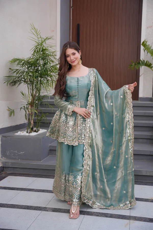 Teal_Blue_Heavy_Silk_Premium_Peplum_Sharara_Set_For_Women