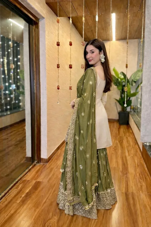 Cream_And_Olive_Green_Chinon_Premium_Sharara_Suit_For_Women