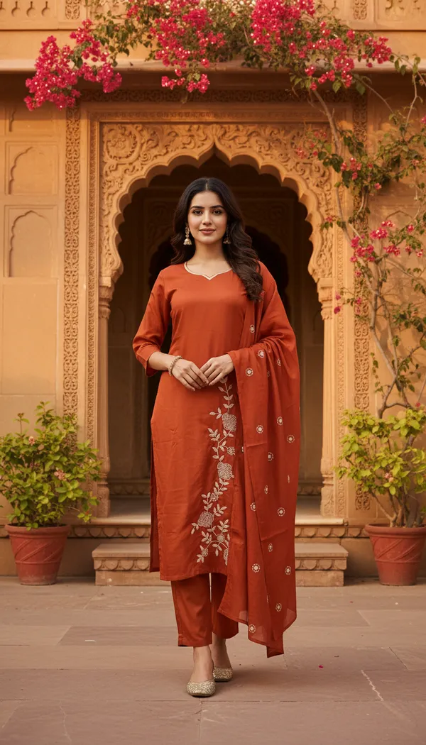 Rust_Orange_Roman_Silk_Premium_Kurta_Set_With_Dupatta_For_Women
