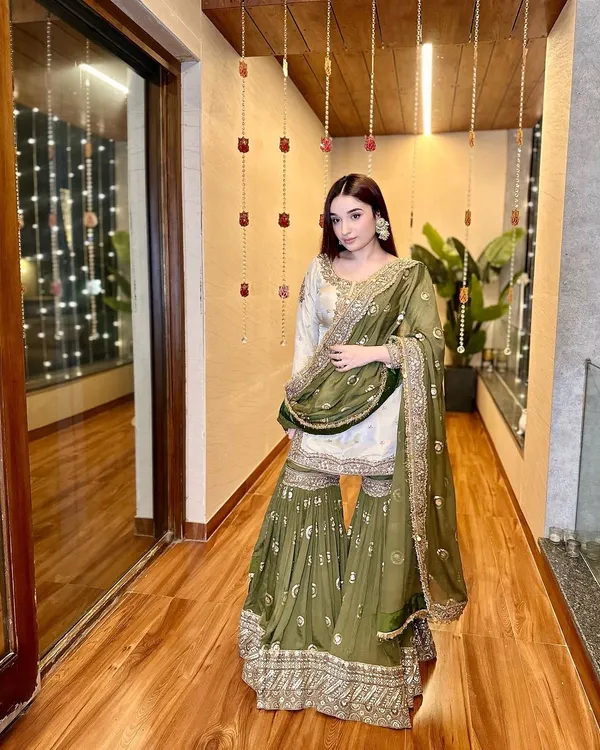 Cream_And_Olive_Green_Chinon_Premium_Sharara_Suit_For_Women