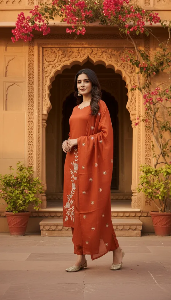 Rust_Orange_Roman_Silk_Premium_Kurta_Set_With_Dupatta_For_Women