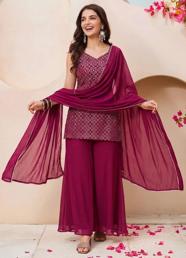 Magenta_Georgette_Premium_Kurta_Palazzo_Dupatta_Set_For_Women