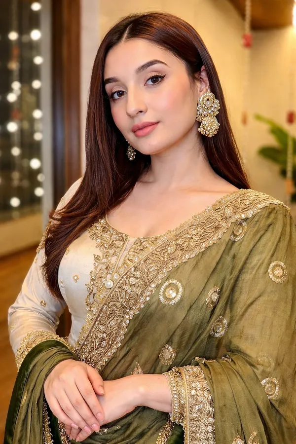 Cream_And_Olive_Green_Chinon_Premium_Sharara_Suit_For_Women
