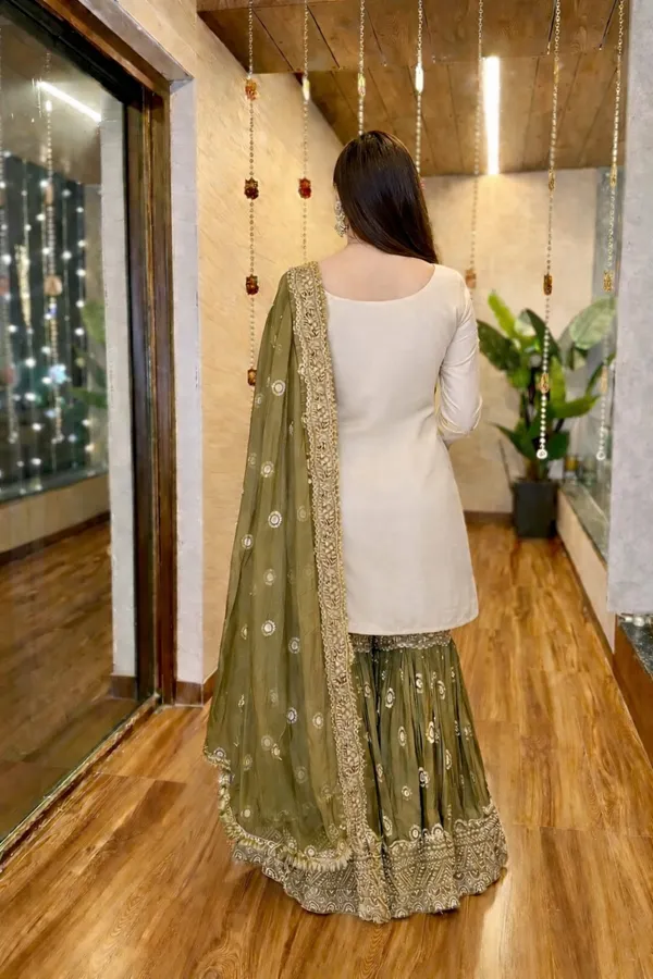 Cream_And_Olive_Green_Chinon_Premium_Sharara_Suit_For_Women