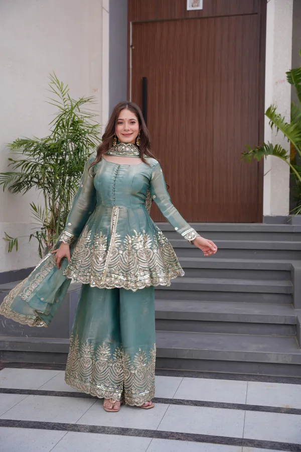 Teal_Blue_Heavy_Silk_Premium_Peplum_Sharara_Set_For_Women