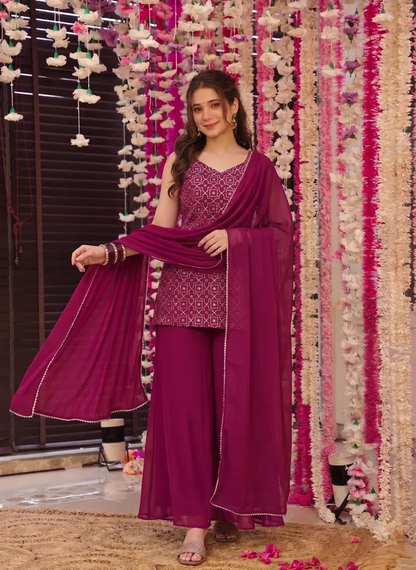 Magenta_Georgette_Premium_Kurta_Palazzo_Dupatta_Set_For_Women