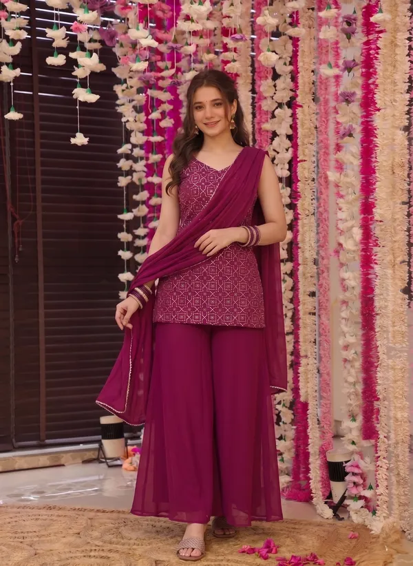 Magenta_Georgette_Premium_Kurta_Palazzo_Dupatta_Set_For_Women