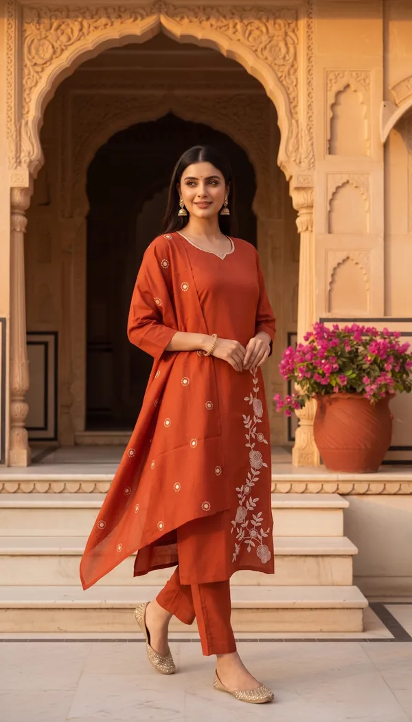 Rust_Orange_Roman_Silk_Premium_Kurta_Set_With_Dupatta_For_Women