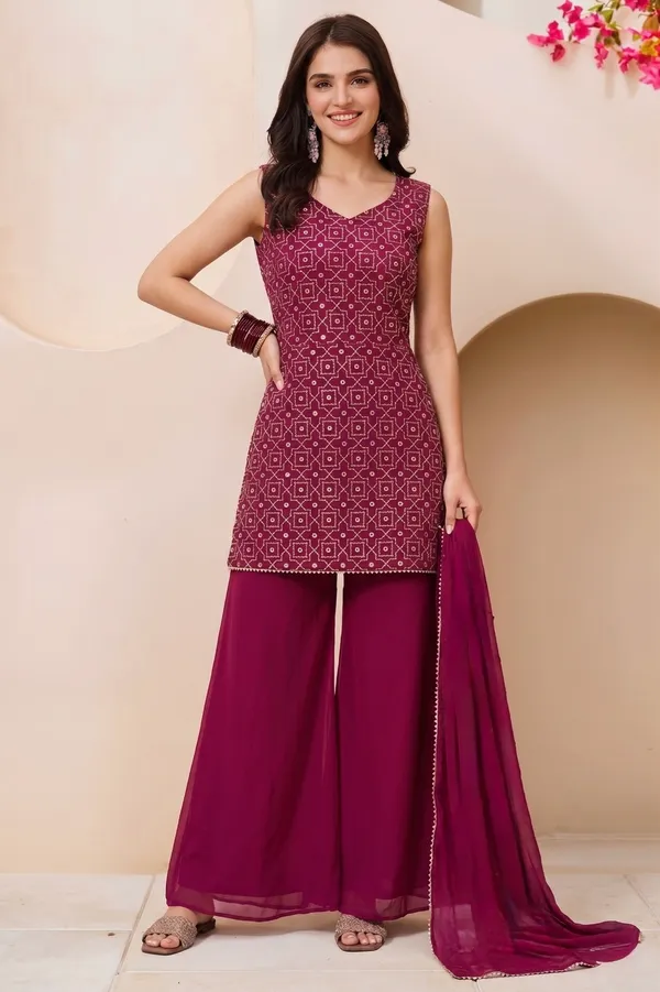 Magenta_Georgette_Premium_Kurta_Palazzo_Dupatta_Set_For_Women