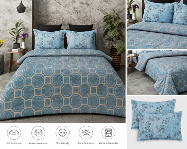 BluOcta_Slate_Blue_Geometric_King_Bedsheet_Set