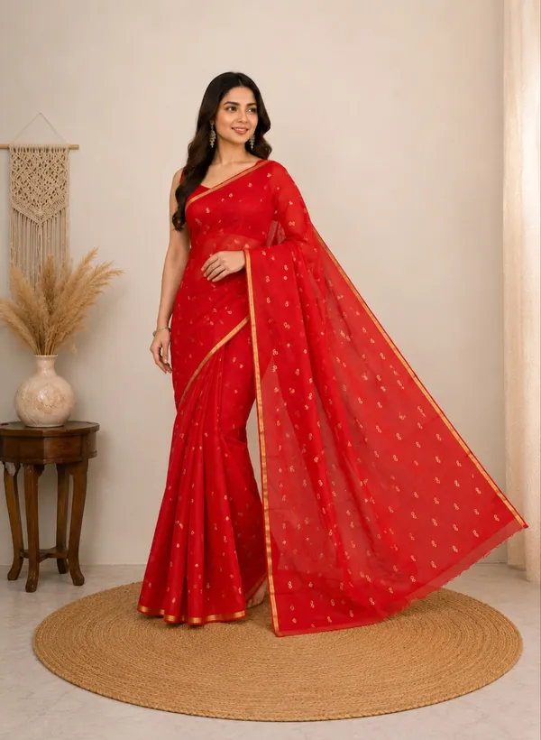 Red_Pure_Chiffon_Chikankari_Embroidered_Saree_For_Women