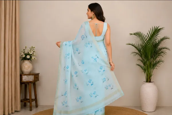 Firozi_Nylon_Chinon_Floral_Hand_Painted_Zari_Border_Saree_For_Women