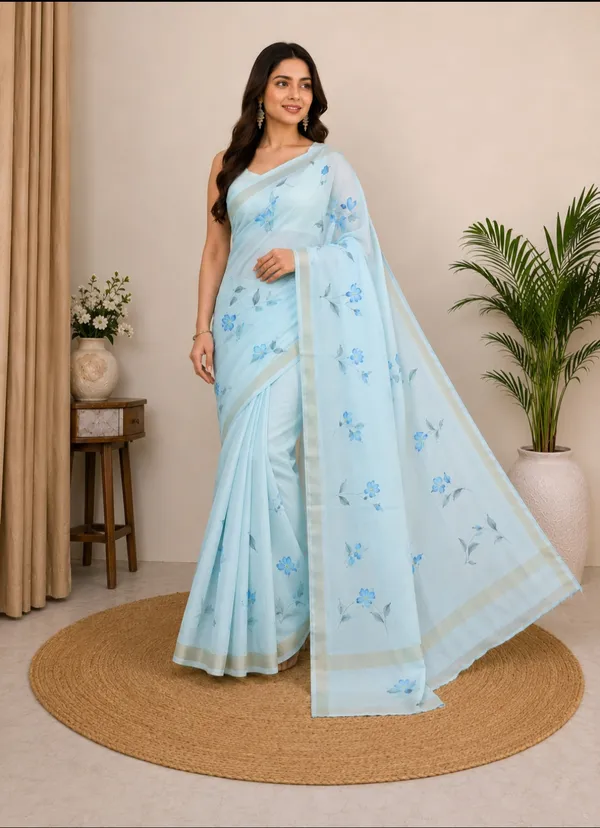 Firozi_Nylon_Chinon_Floral_Hand_Painted_Zari_Border_Saree_For_Women