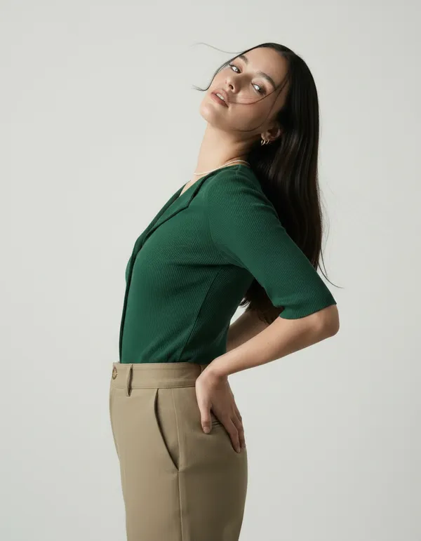 Bottle_Green_Cotton_Rib_Knit_Half_Sleeve_Polo_Top_For_Women