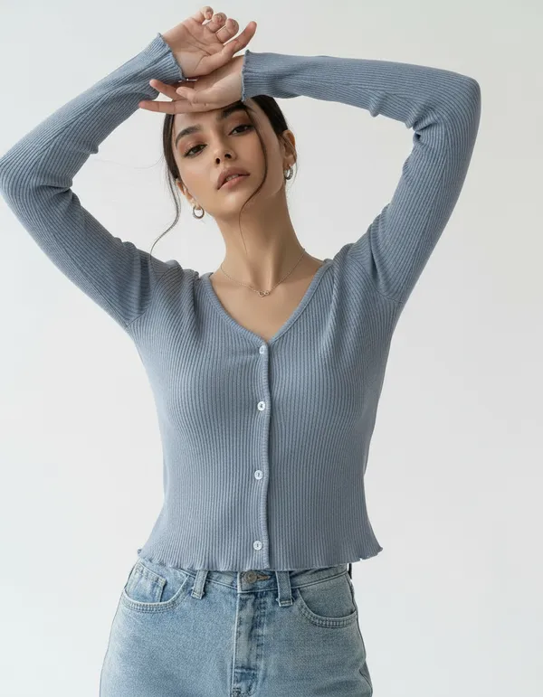 Blue_Grey_Cotton_Rib_Knit_V-Neck_Ribbed_Top_For_Women