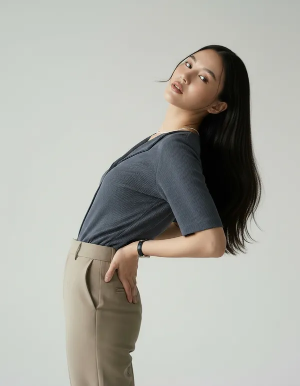 Dark_Grey_Cotton_Rib_Knit_Half_Sleeve_Polo_Top_For_Women