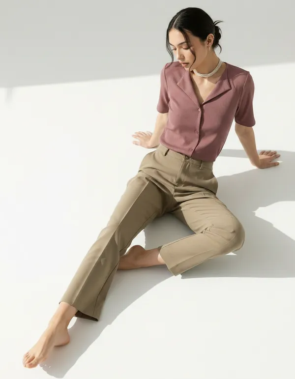 Dusty_Peach_Cotton_Rib_Knit_Half_Sleeve_Polo_Top_For_Women