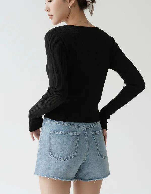 Black_Cotton_Rib_Knit_V-Neck_Ribbed_Top_For_Women
