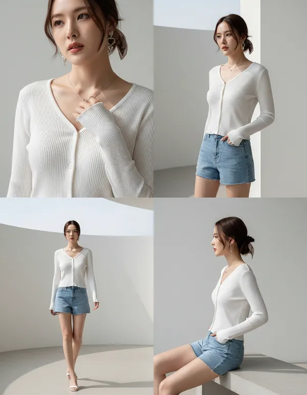 White_Cotton_Rib_Knit_V-Neck_Ribbed_Top_For_Women