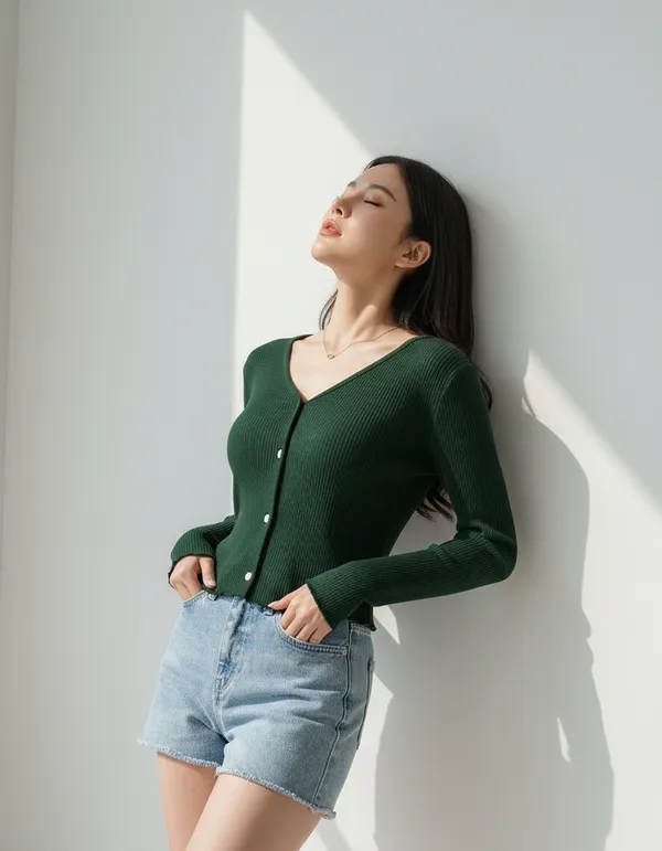 Bottle_Green_Cotton_Rib_Knit_V-Neck_Ribbed_Top_For_Women